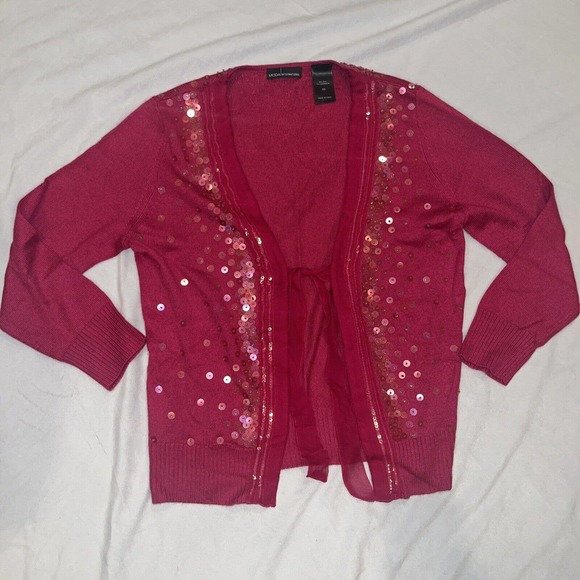 Moda Vintage Cashmere Silk Barbie Pink Sequin Sparkle‎ Cardigan Sweater XS - Picture 1 of 10